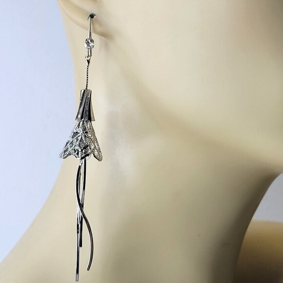Silver Filigree Dangle Drop Earrings with Long Tassels - Picture 2 of 9